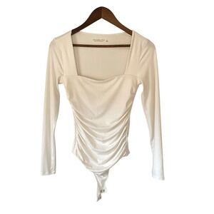 Abercrombie Women Soft A&F Square Neck Bodysuit S Cream 90s Minimalist Capsule